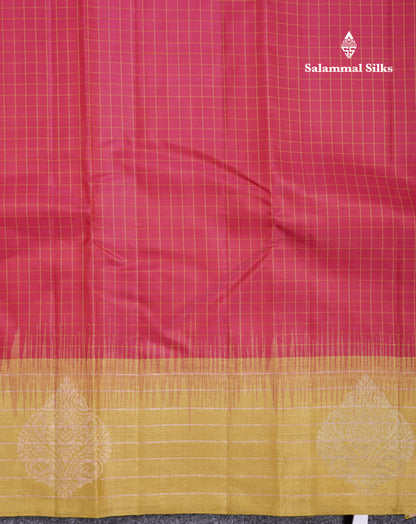 Beautiful Reddish Pink Small Checks Pure Kanjivaram Silk Saree With Contrast Manthulir Green Border