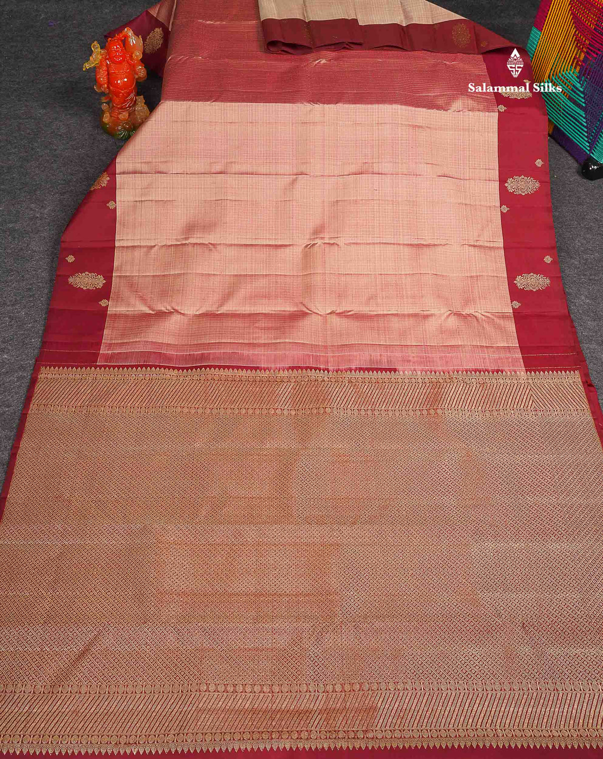 Pure Kanjivaram Silk Saree - Onion Pink Colour Body Checks With Contrast Maroon Fancy Border