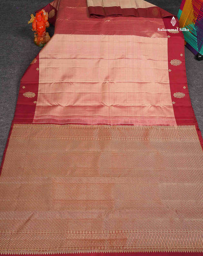 Pure Kanjivaram Silk Saree - Onion Pink Colour Body Checks With Contrast Maroon Fancy Border
