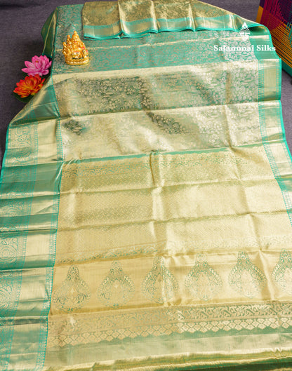 Light Green Tissue Bridal Pure Kanjivaram Silk Saree With Contrast Sapphire Green Border