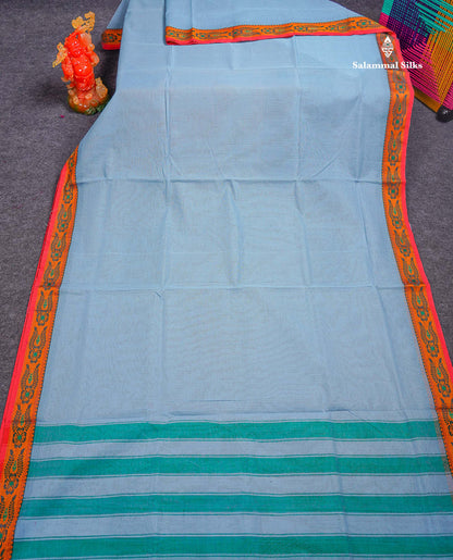 Beautiful Bottle Green Plain Pure Cotton Saree With Contrast Red Thread Work Traditional Border