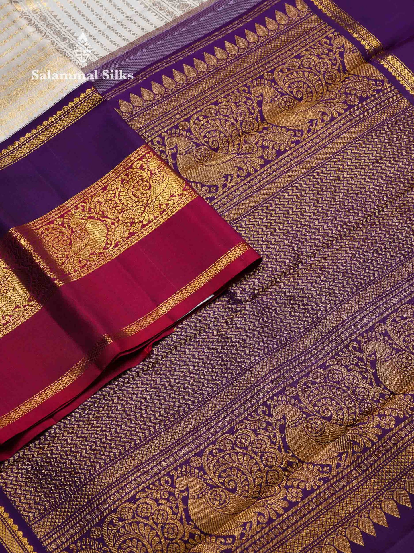 Beautiful Half White Multiple Traditional Buttas Pure Kanjivaram Silk Saree With Contrast Ganga Jamuna Long Border