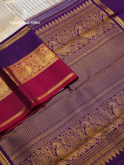 Beautiful Half White Multiple Traditional Buttas Pure Kanjivaram Silk Saree With Contrast Ganga Jamuna Long Border