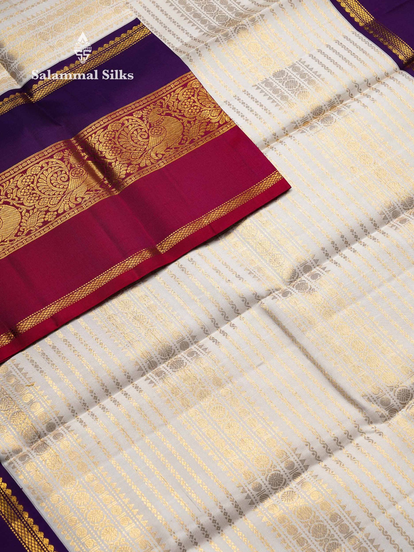Beautiful Half White Multiple Traditional Buttas Pure Kanjivaram Silk Saree With Contrast Ganga Jamuna Long Border
