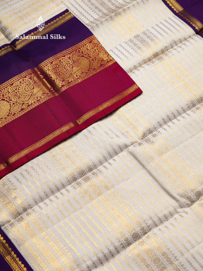 Beautiful Half White Multiple Traditional Buttas Pure Kanjivaram Silk Saree With Contrast Ganga Jamuna Long Border