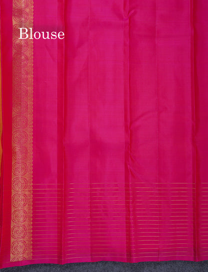 Dual Tone Mustard Yellow Fancy Pure Kanjivaram Silk Saree With Contrast Pink One Side Border