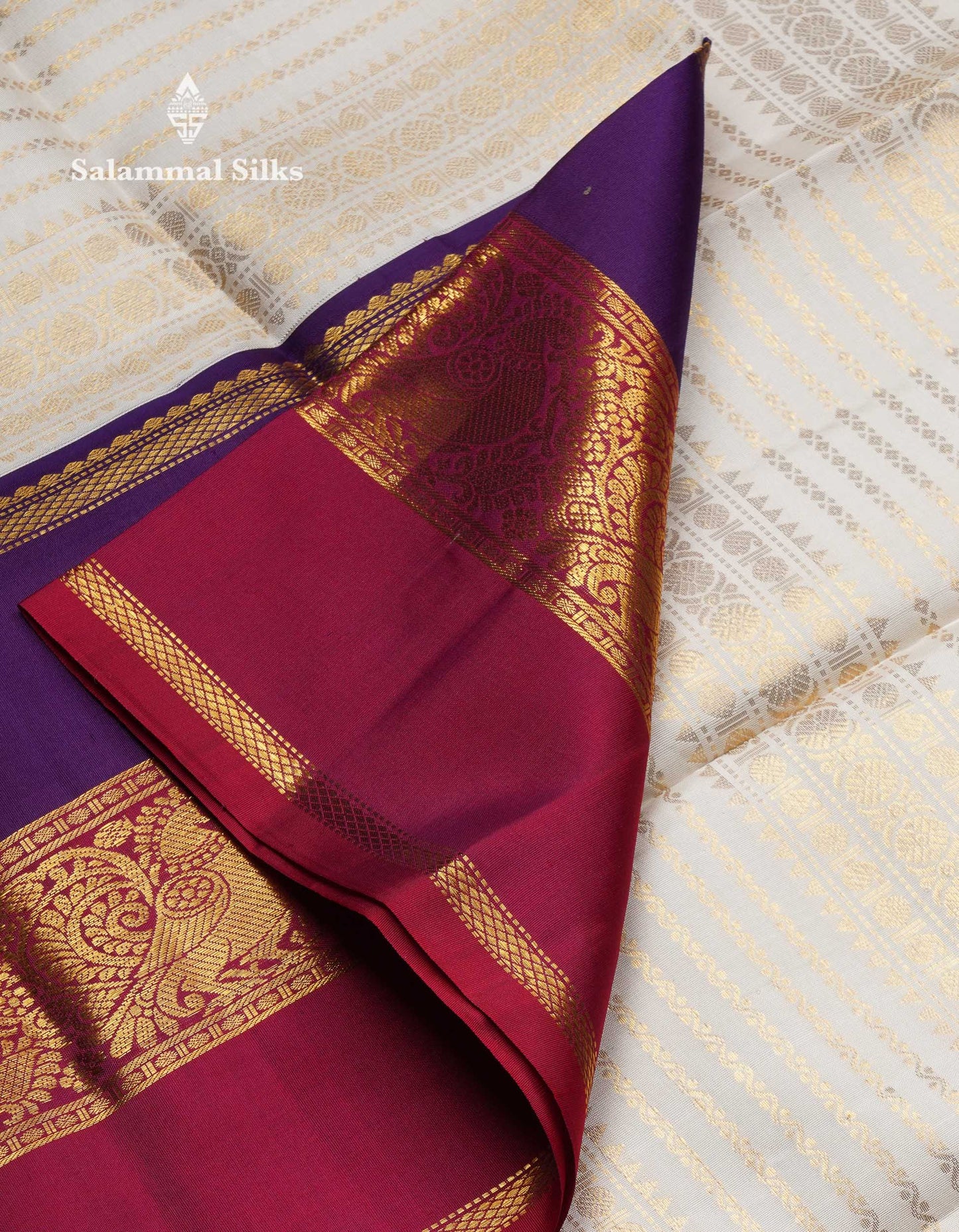 Beautiful Half White Multiple Traditional Buttas Pure Kanjivaram Silk Saree With Contrast Ganga Jamuna Long Border