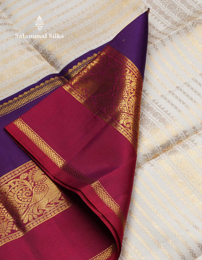 Beautiful Half White Multiple Traditional Buttas Pure Kanjivaram Silk Saree With Contrast Ganga Jamuna Long Border