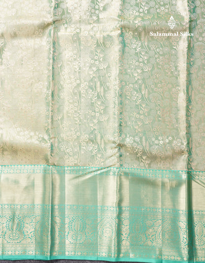 Light Green Tissue Bridal Pure Kanjivaram Silk Saree With Contrast Sapphire Green Border