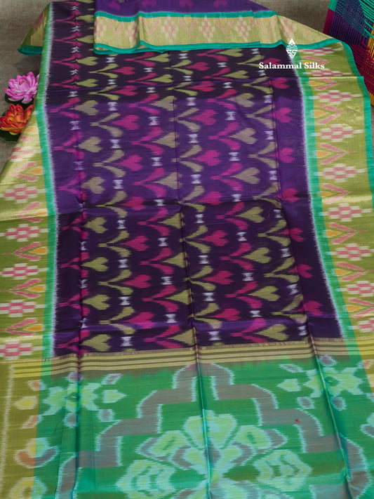 Premium Violet Pochampalli SICO Cotton Saree With Contrast Tissue Sea Green Border