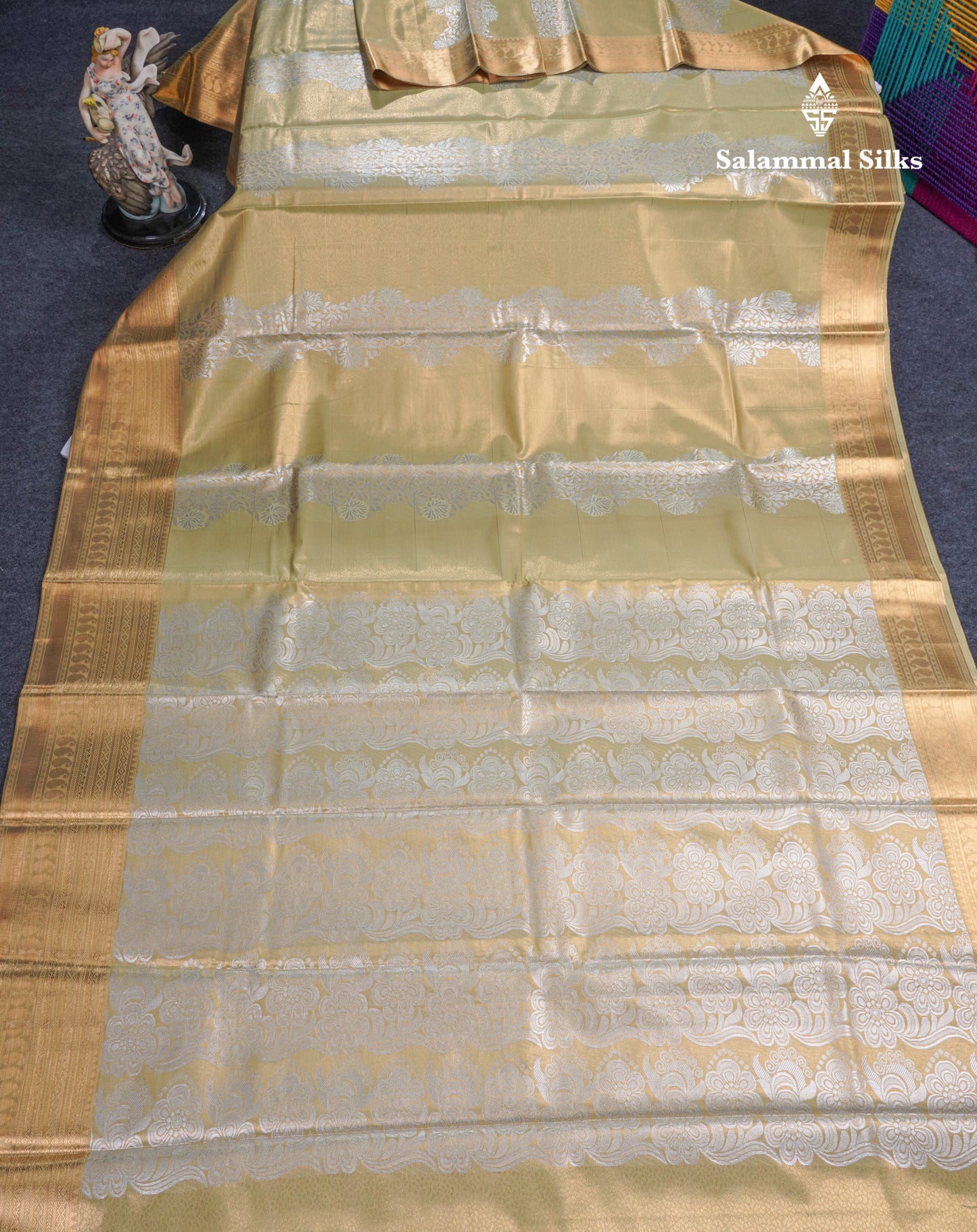 Light Parrot Green Tissue Bridal Semi Silk Saree With Traditional Border