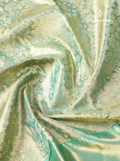 Light Green Tissue Bridal Pure Kanjivaram Silk Saree With Contrast Sapphire Green Border