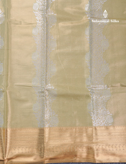 Light Parrot Green Tissue Bridal Semi Silk Saree With Traditional Border