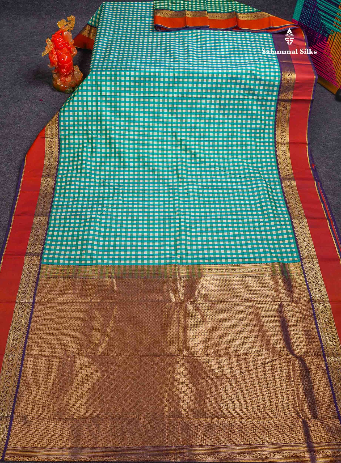 Beautiful Multicolour Small Checks Semi Silk Saree With Contrast Dark Purple Traditional Border