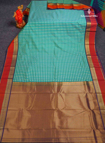 Beautiful Multicolour Small Checks Semi Silk Saree With Contrast Dark Purple Traditional Border