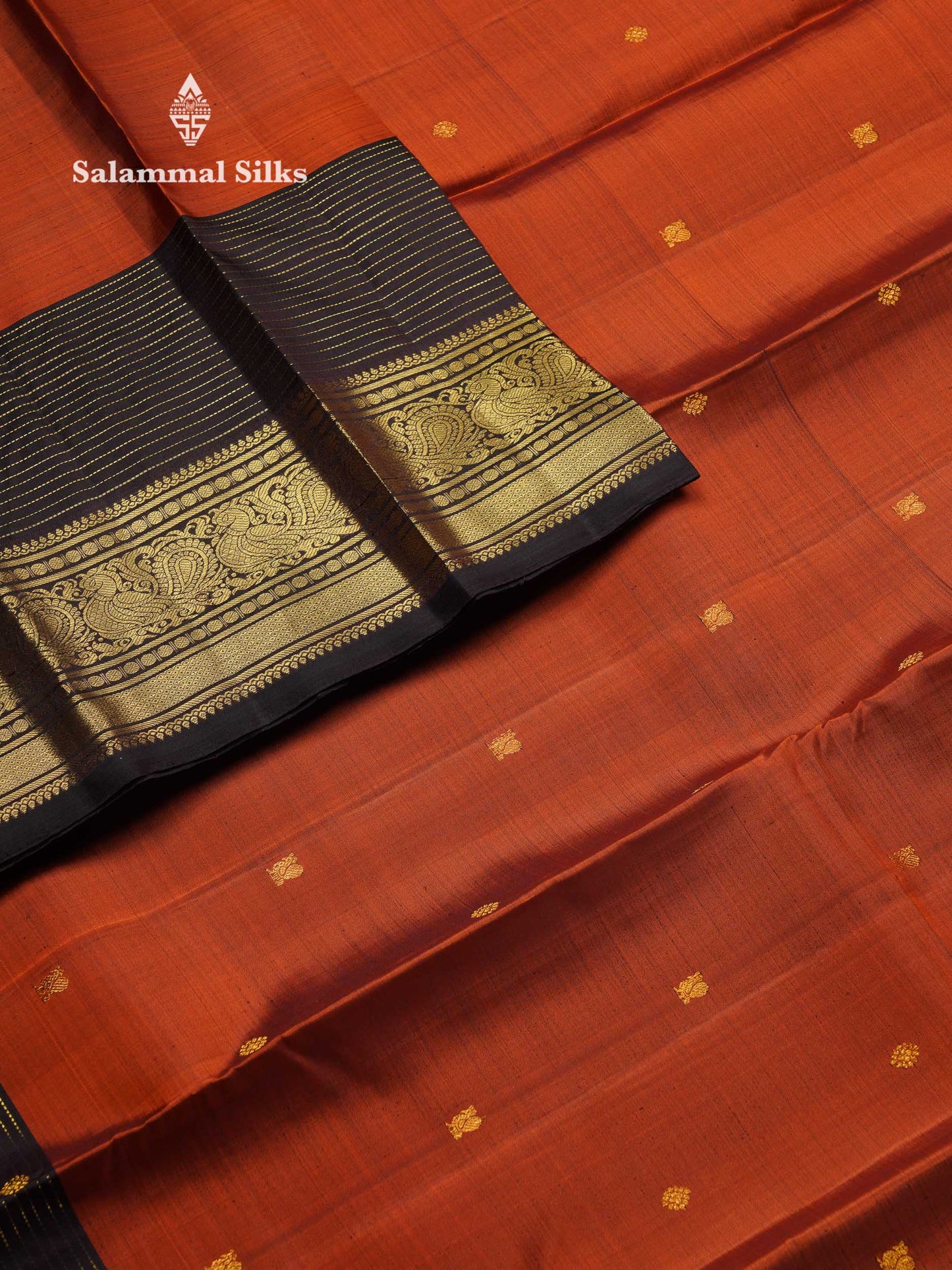 Beautiful Rust Orange Pure Kanjivaram Silk Saree With Contrast Dark Brown Traditional Long Border