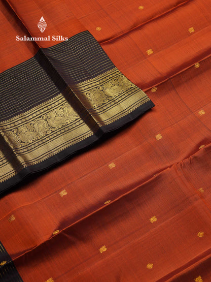 Beautiful Rust Orange Pure Kanjivaram Silk Saree With Contrast Dark Brown Traditional Long Border