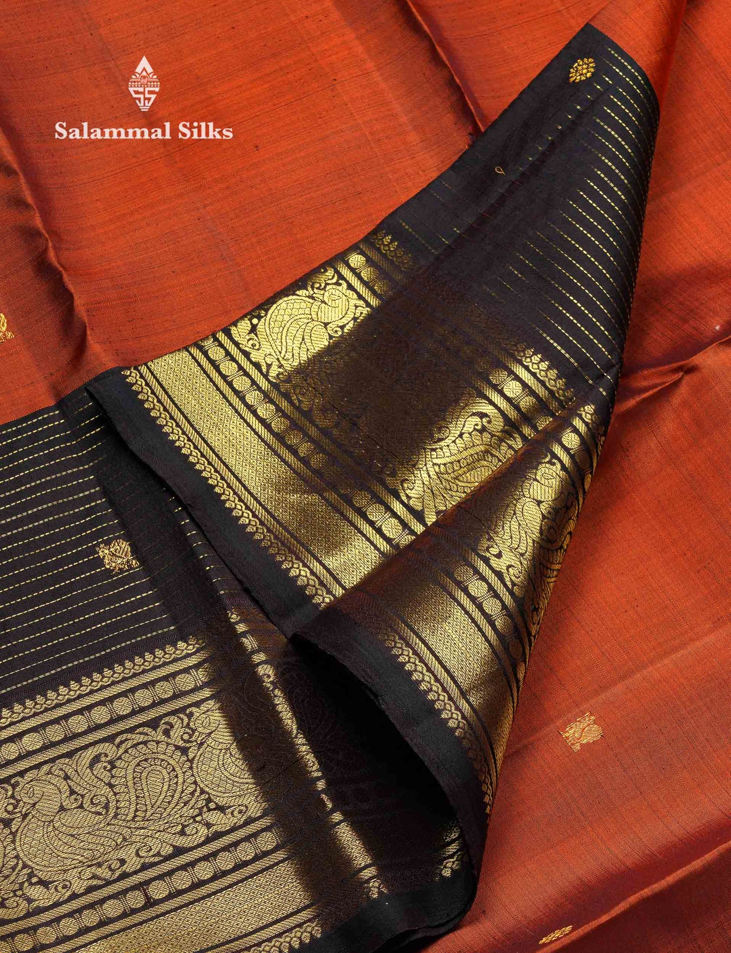 Beautiful Rust Orange Pure Kanjivaram Silk Saree With Contrast Dark Brown Traditional Long Border
