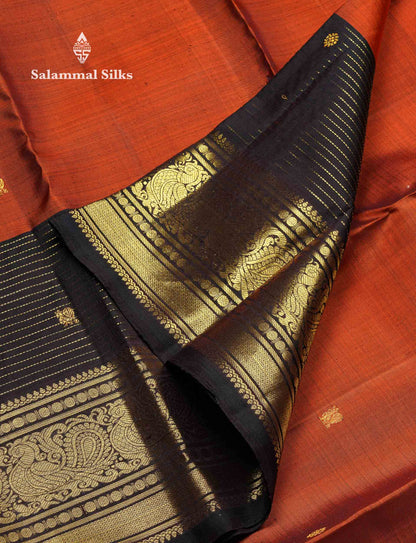 Beautiful Rust Orange Pure Kanjivaram Silk Saree With Contrast Dark Brown Traditional Long Border