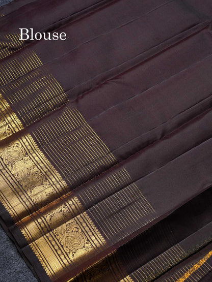 Beautiful Rust Orange Pure Kanjivaram Silk Saree With Contrast Dark Brown Traditional Long Border