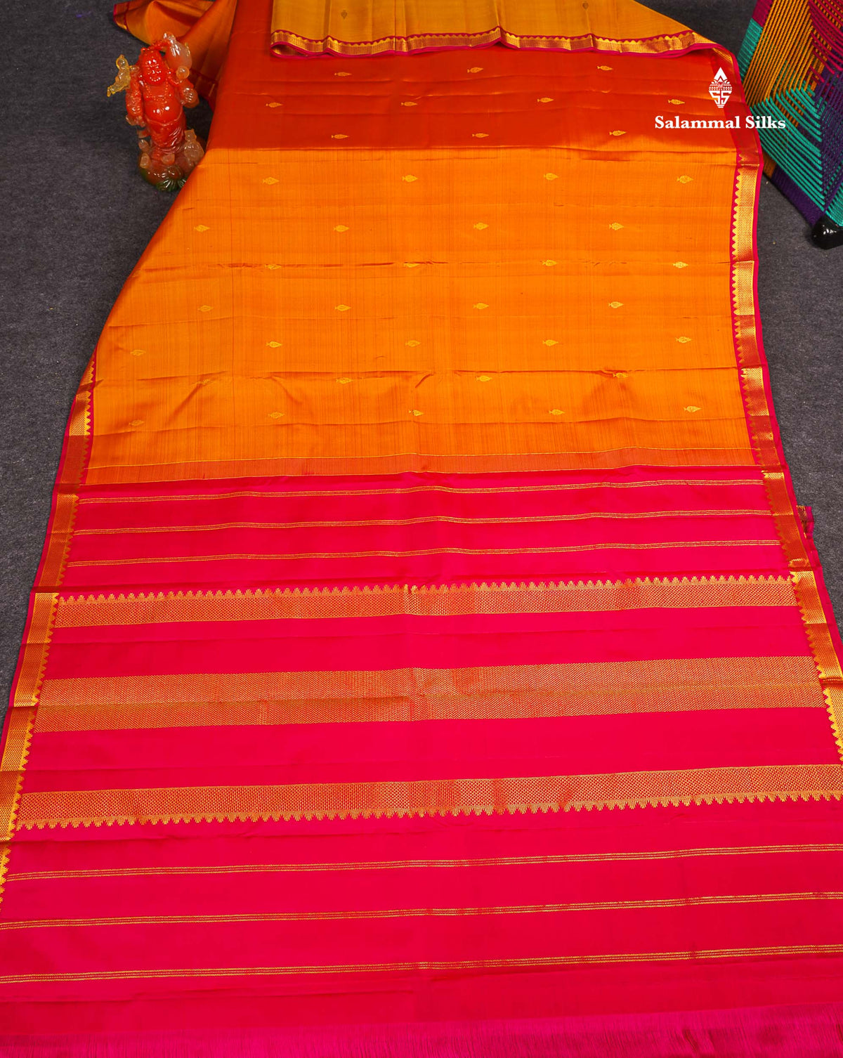 Pure Kanjivaram Silk Saree - Orange Colour Body With Contrast Pink Small Border 