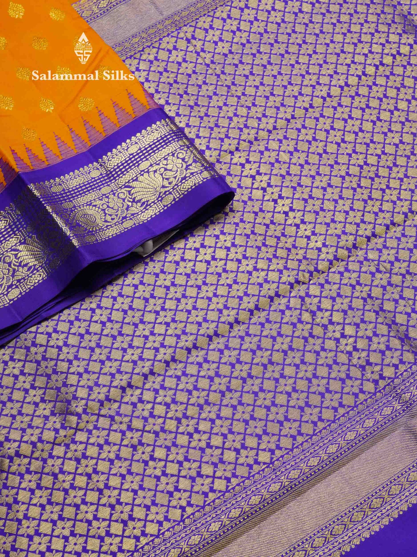 Beautiful Fanta Orange Pure Kanjivaram Silk Saree With Contrast Violet Traditional Border