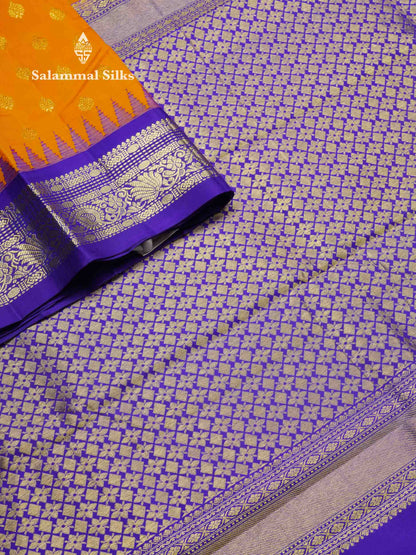 Beautiful Fanta Orange Pure Kanjivaram Silk Saree With Contrast Violet Traditional Border