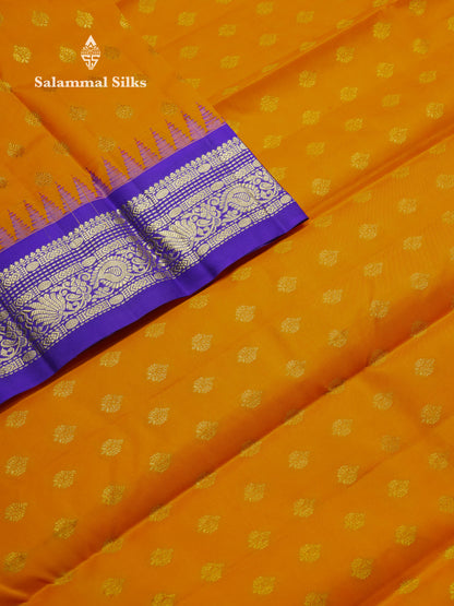 Beautiful Fanta Orange Pure Kanjivaram Silk Saree With Contrast Violet Traditional Border
