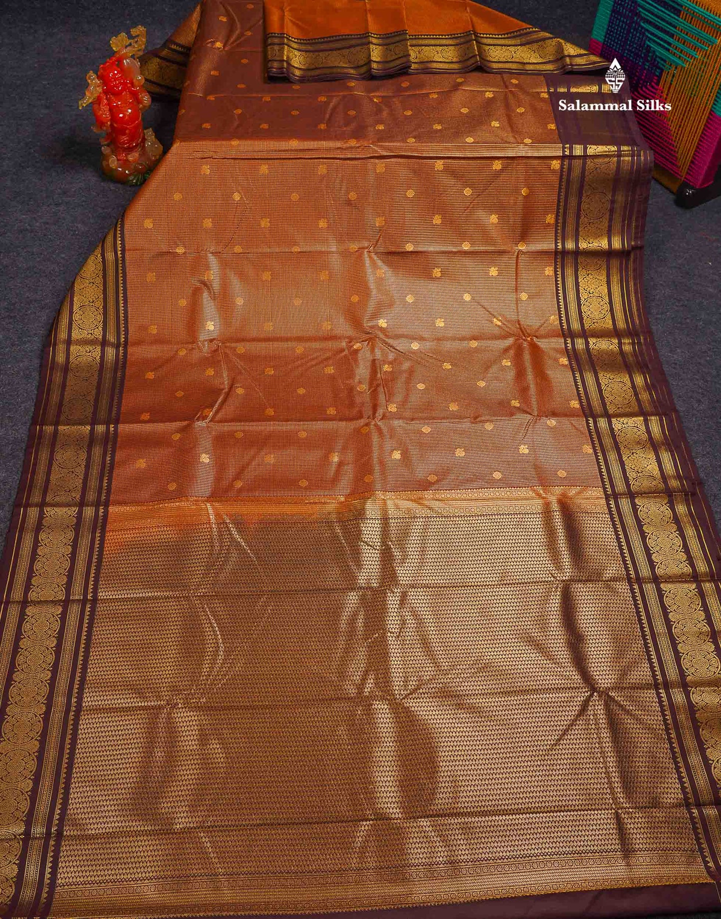 Beautiful Rust Orange Vaira Oosi Checks With Butta Semi Silk Saree With Contrast Dark Brown Traditional Border