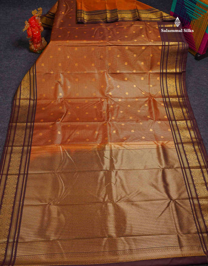 Beautiful Rust Orange Vaira Oosi Checks With Butta Semi Silk Saree With Contrast Dark Brown Traditional Border