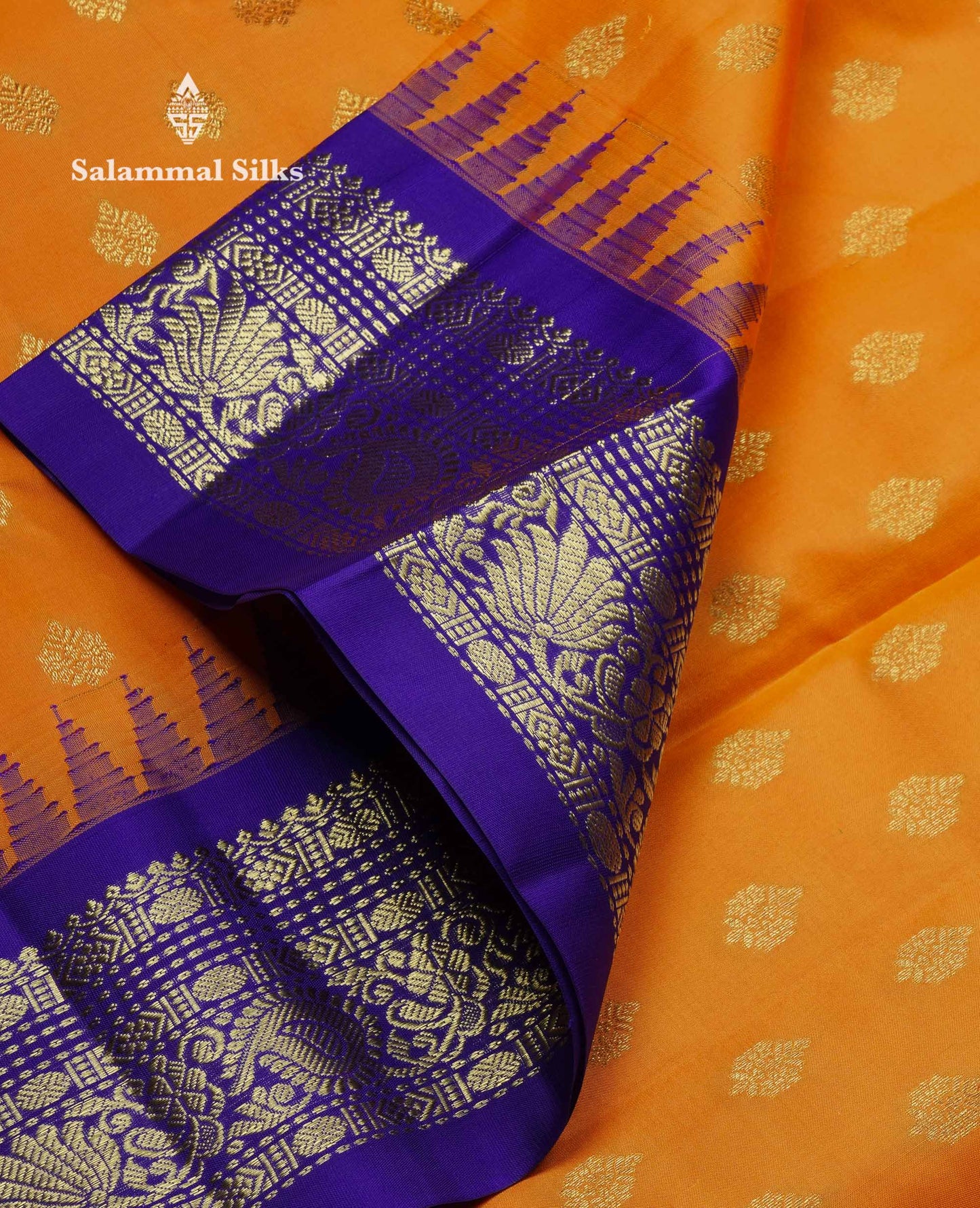 Beautiful Fanta Orange Pure Kanjivaram Silk Saree With Contrast Violet Traditional Border