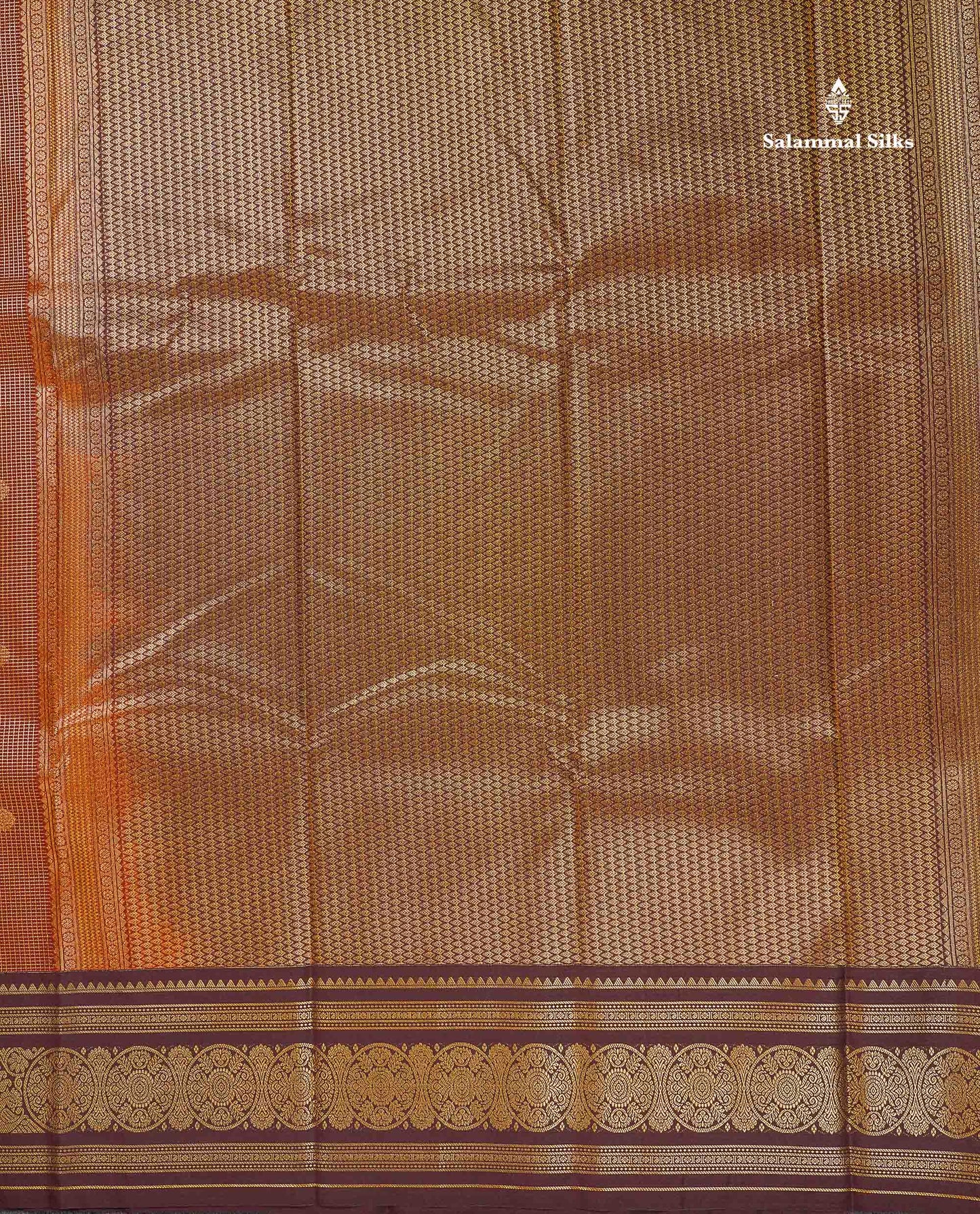 Beautiful Rust Orange Vaira Oosi Checks With Butta Semi Silk Saree With Contrast Dark Brown Traditional Border