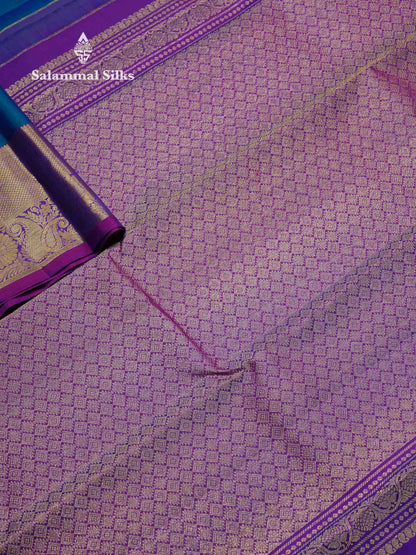 Beautiful Dual Tone Peacock Blue Iruthalai Pakshi Butta Pure Kanjivaram Silk Saree With Contrast Vadamalli Traditional Evening Morning Border