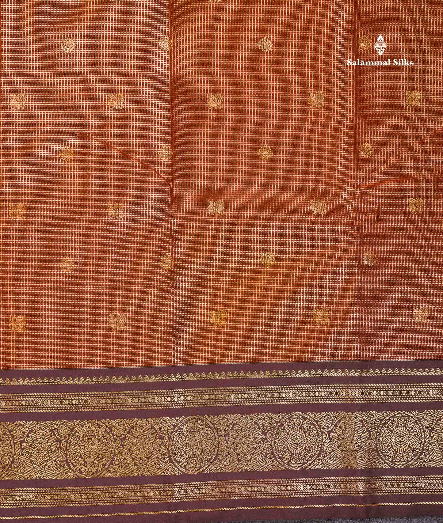 Beautiful Rust Orange Vaira Oosi Checks With Butta Semi Silk Saree With Contrast Dark Brown Traditional Border