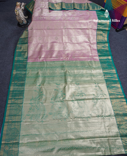 Dark Peach Geometric Pattern Tissue Bridal Semi Silk Saree With Contrast Peacock Green Traditional Border