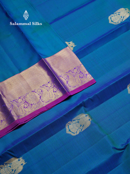 Beautiful Dual Tone Peacock Blue Iruthalai Pakshi Butta Pure Kanjivaram Silk Saree With Contrast Vadamalli Traditional Evening Morning Border