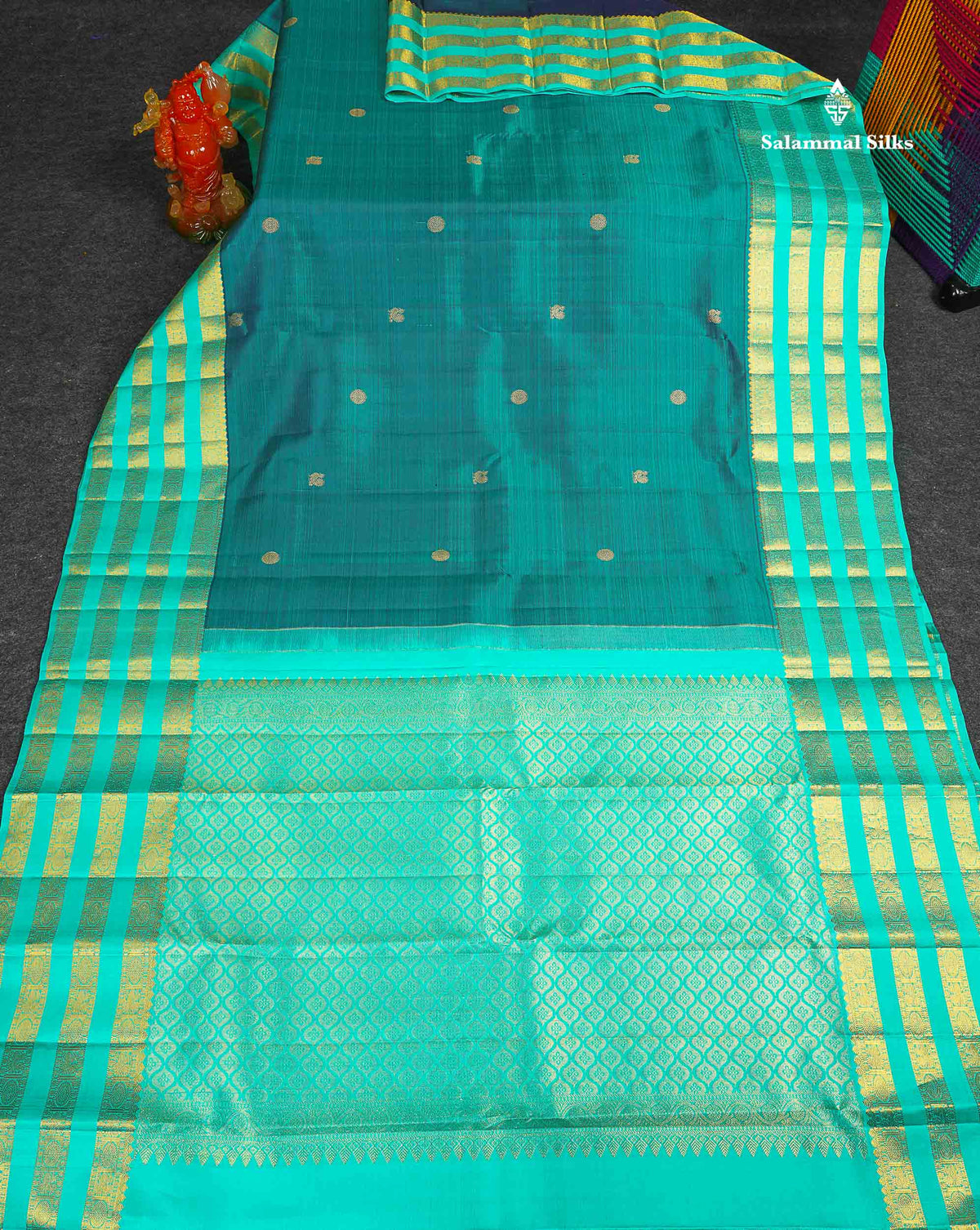 Pure Kanjivaram Silk Saree - Teal Blue Colour Body With Butta & Contrast Rexona Border