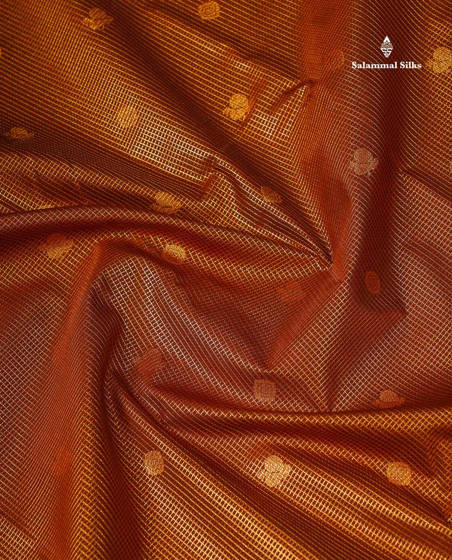 Beautiful Rust Orange Vaira Oosi Checks With Butta Semi Silk Saree With Contrast Dark Brown Traditional Border