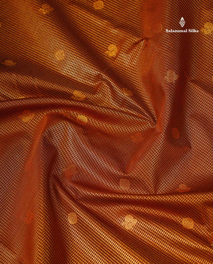 Beautiful Rust Orange Vaira Oosi Checks With Butta Semi Silk Saree With Contrast Dark Brown Traditional Border