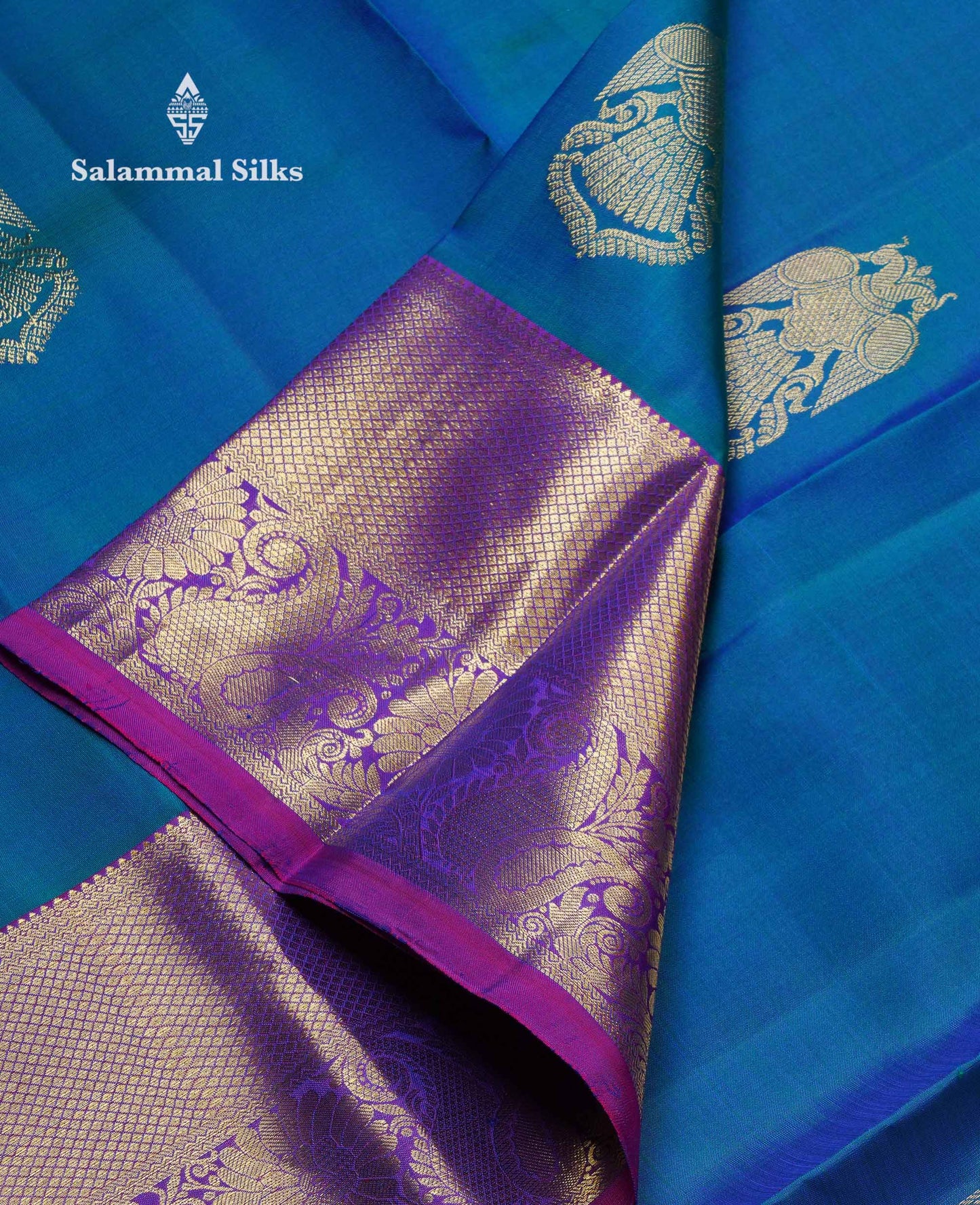 Beautiful Dual Tone Peacock Blue Iruthalai Pakshi Butta Pure Kanjivaram Silk Saree With Contrast Vadamalli Traditional Evening Morning Border