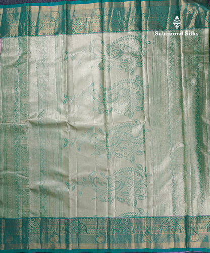 Dark Peach Geometric Pattern Tissue Bridal Semi Silk Saree With Contrast Peacock Green Traditional Border