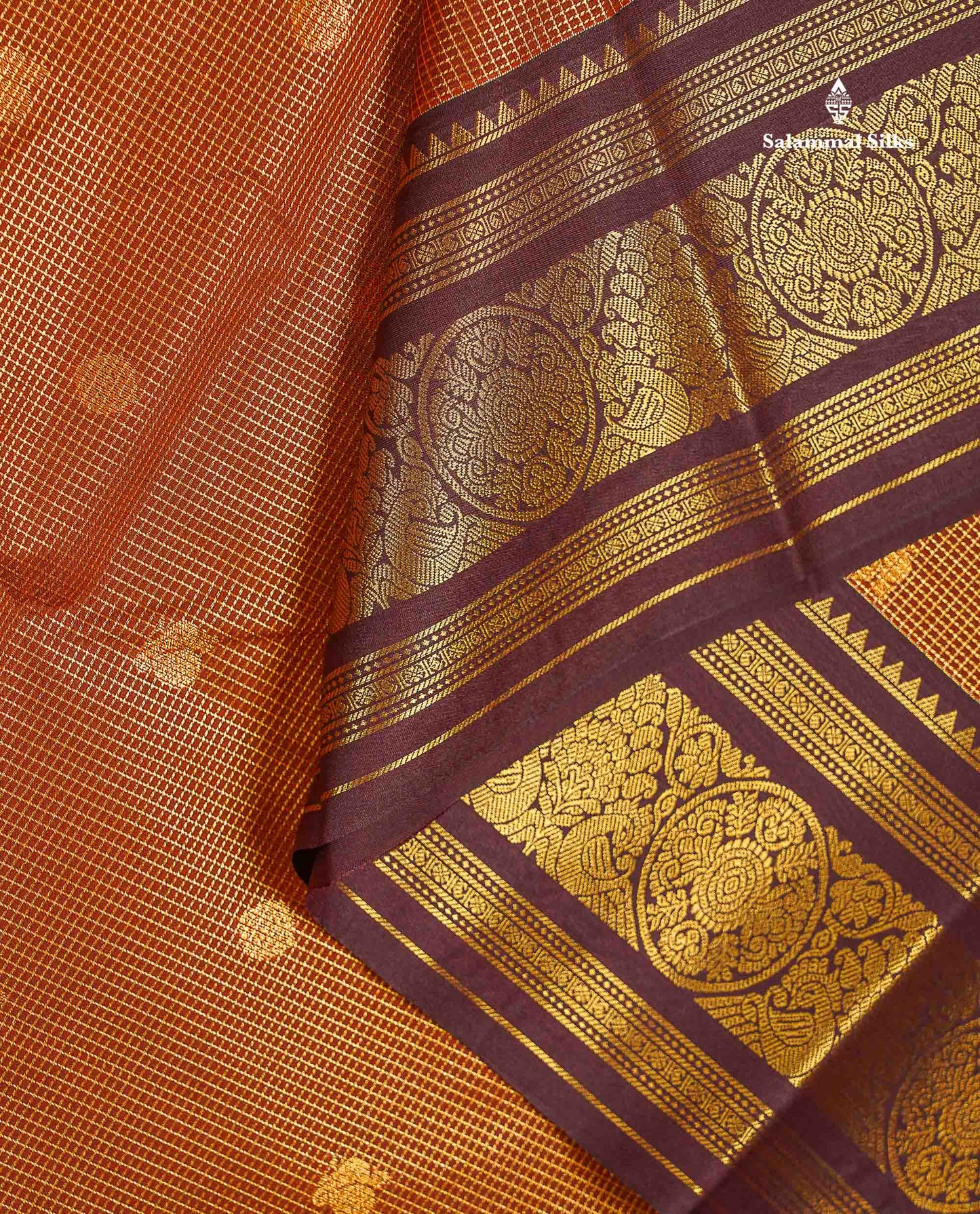 Beautiful Rust Orange Vaira Oosi Checks With Butta Semi Silk Saree With Contrast Dark Brown Traditional Border