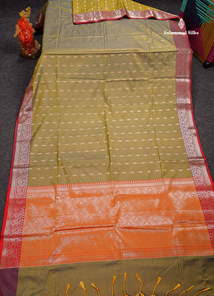 Beautiful Dual Tone Olive Green Zari Butta Semi Soft Silk Saree With Contrast Orange Blouse