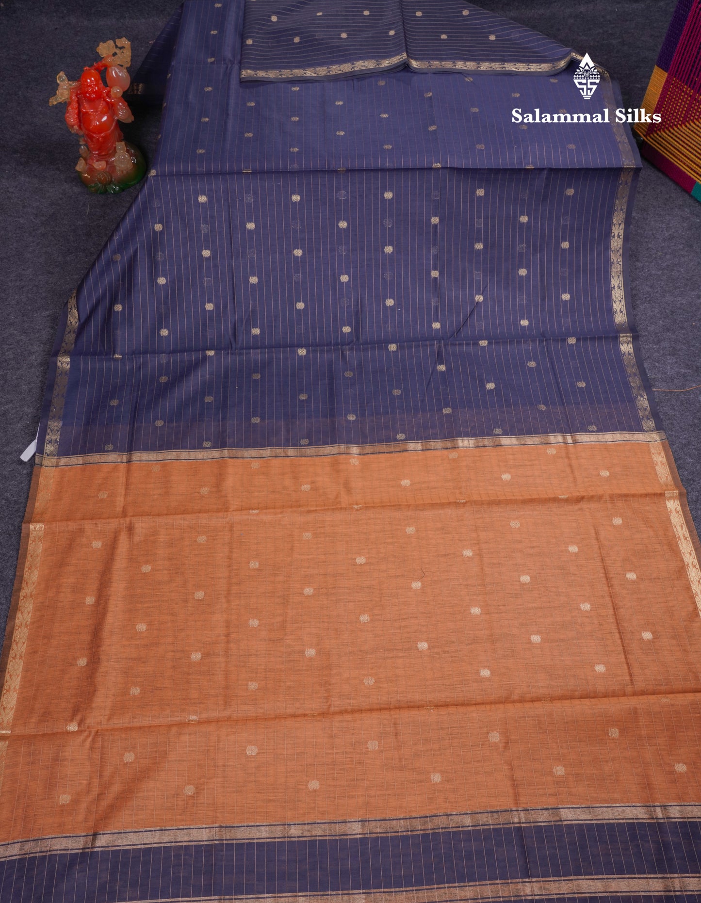 Beautiful Navy Blue Cotton Mix Saree With Contrast Mustard Yellow Blouse