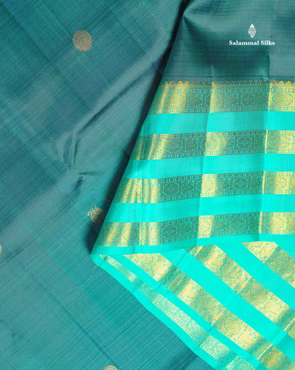 Pure Kanjivaram Silk Saree - Teal Blue Colour Body With Butta & Contrast Rexona Border
