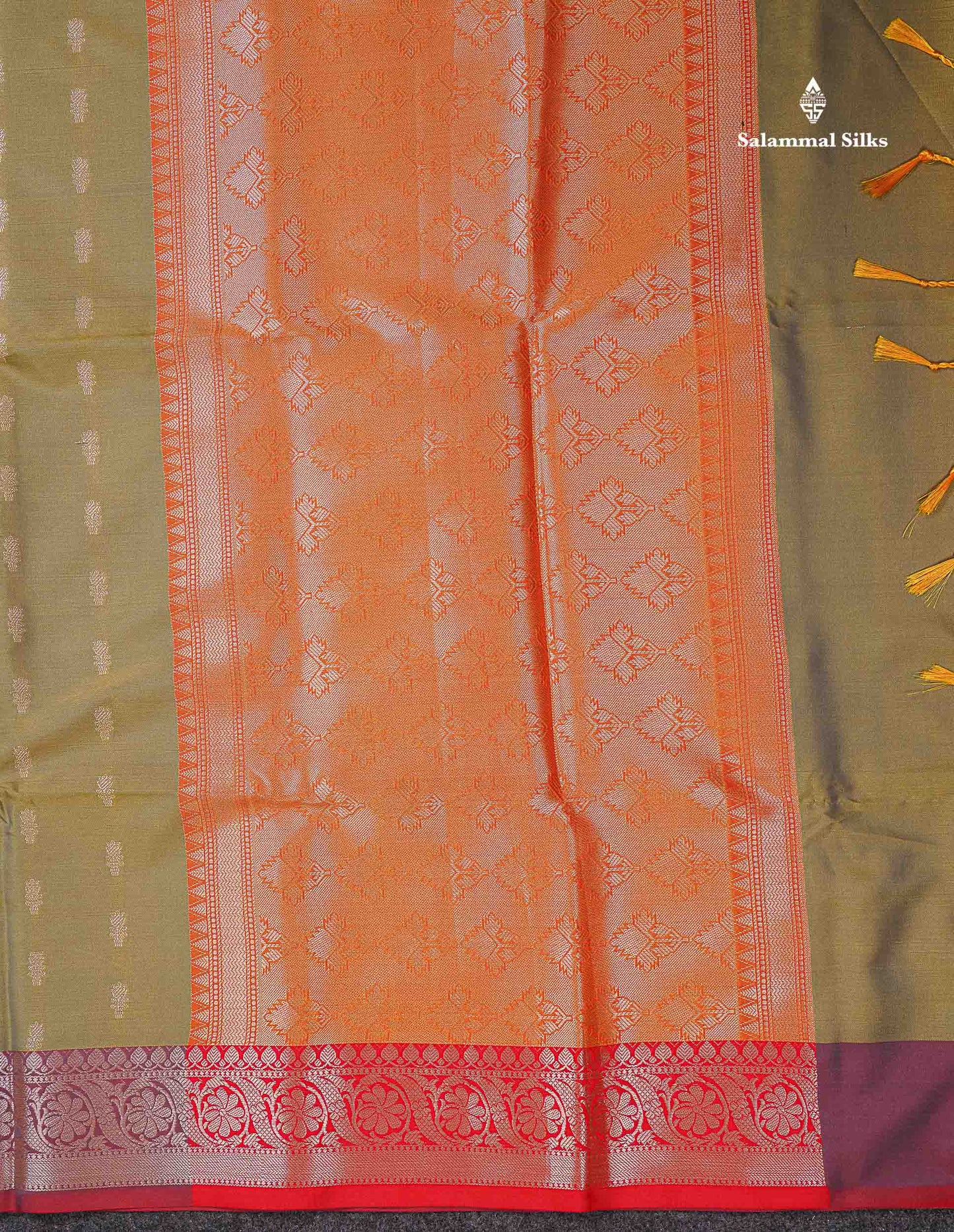 Beautiful Dual Tone Olive Green Zari Butta Semi Soft Silk Saree With Contrast Orange Blouse