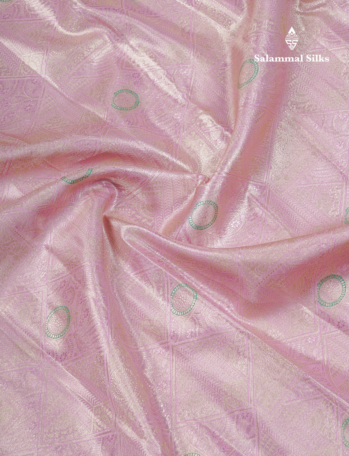 Dark Peach Geometric Pattern Tissue Bridal Semi Silk Saree With Contrast Peacock Green Traditional Border