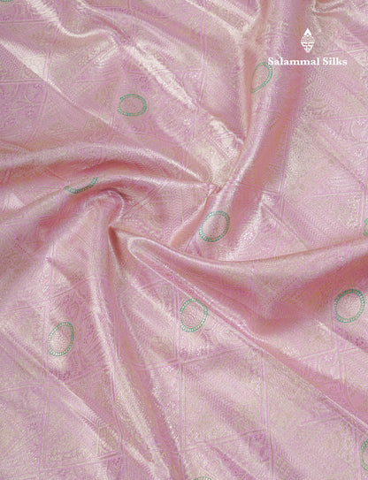 Dark Peach Geometric Pattern Tissue Bridal Semi Silk Saree With Contrast Peacock Green Traditional Border