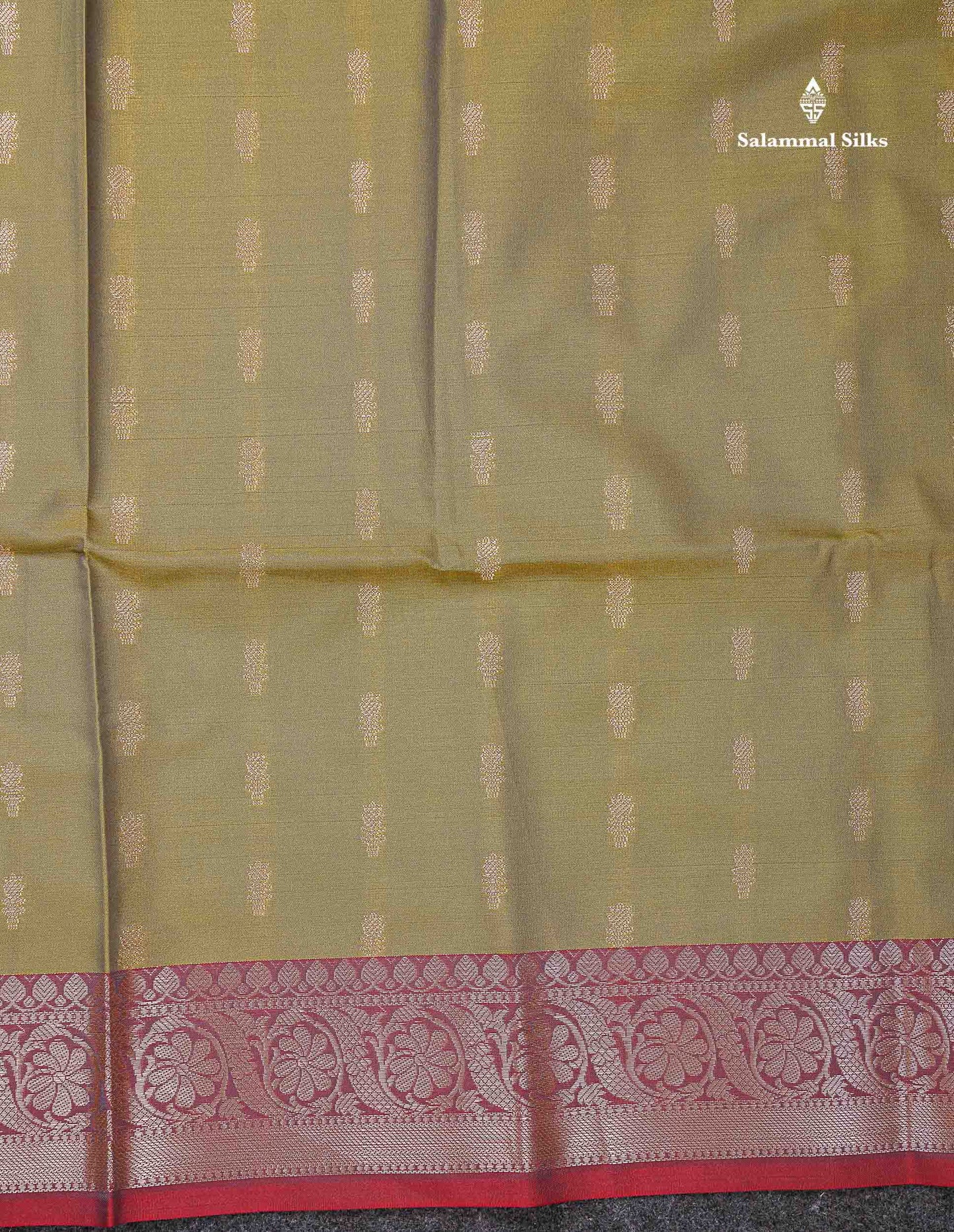 Beautiful Dual Tone Olive Green Zari Butta Semi Soft Silk Saree With Contrast Orange Blouse