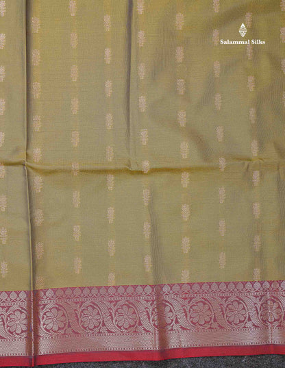Beautiful Dual Tone Olive Green Zari Butta Semi Soft Silk Saree With Contrast Orange Blouse